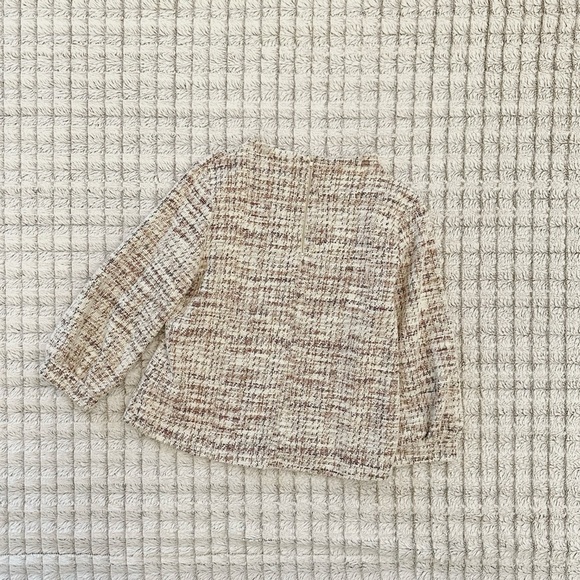 W5 Womens Top Small Tan Tweed 3/4 Sleeve Office Career Light Fringe Back Zip - Picture 2 of 4